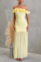 Solid Color Off-shoulder Pleated Backless Slim-fit Elegant Mesh Maxi Dress