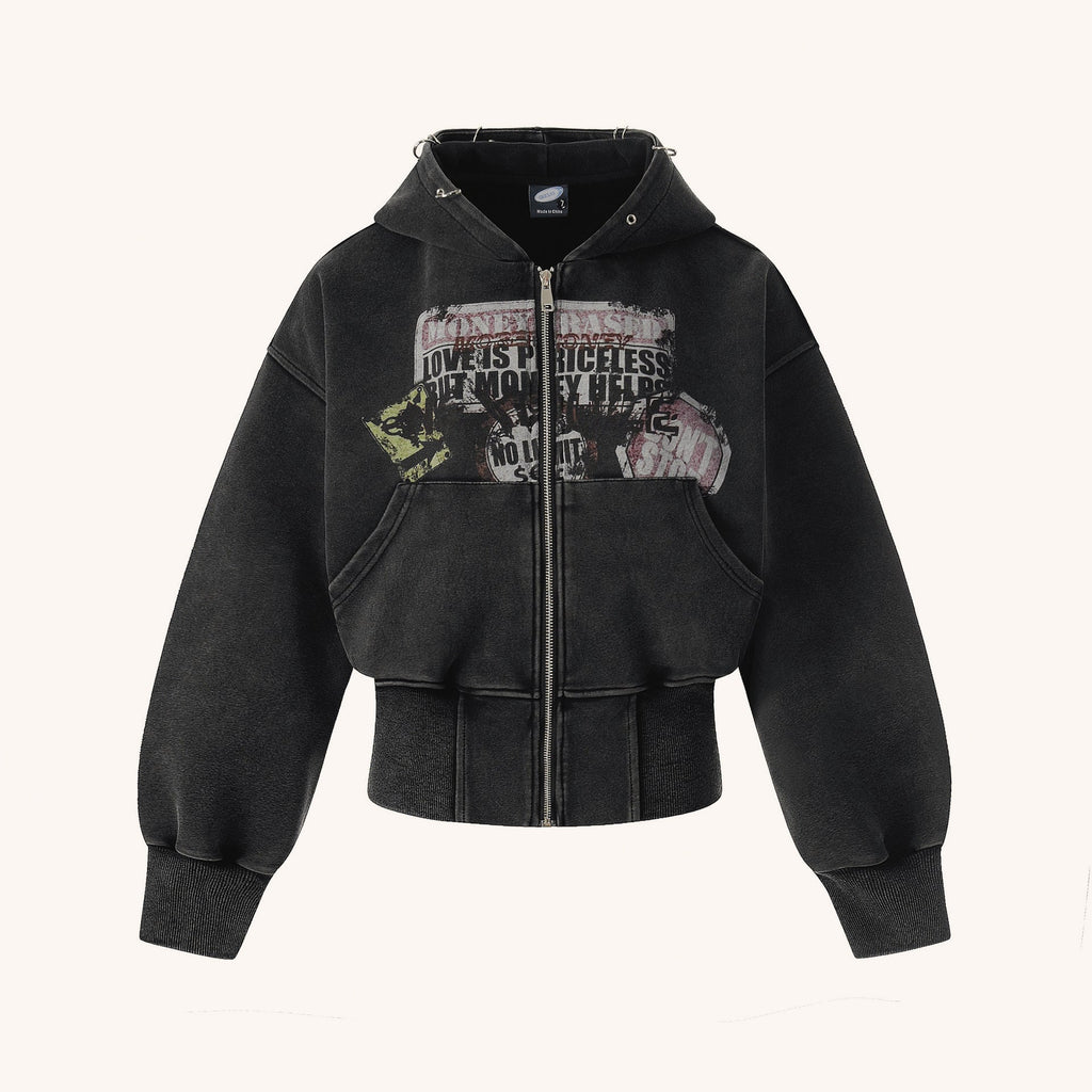 Heavy Washed Distressed Letter Print Zip Hoodie