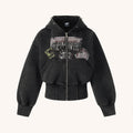 Heavy Washed Distressed Letter Print Zip Hoodie