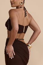 Emara Stretch Mesh Hand Beaded Trim Gathered Sweetheart Crop Halter Vacation Tank