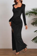 Elegant Long Sleeve Ruched Velvet Slit Fitted Waist Party Dress