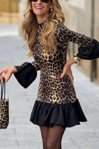 Street Elegant Leopard Patchwork Ruffle Half A Turtleneck Mini Dresses