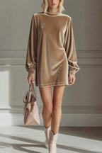 Solid Color Velvet Round Neck Long Sleeve Loose Mini Dress