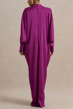 Tina Satin Plunge V-neck Gold Trim Detail Long Batwing Sleeve Maxi Dress