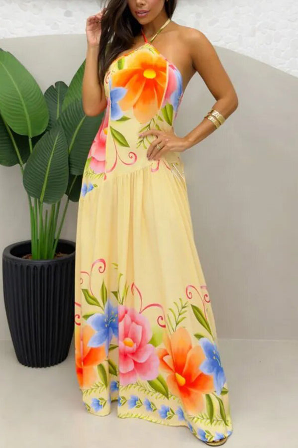 Lennora Floral Print Back Smocked Halter Tie-up Maxi Dress