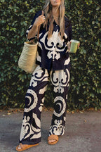Abstract World Print Button Elastic Waist Pants Set