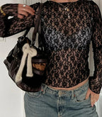 Floral Print Mesh ONeck Long Sleeve Sheer Top
