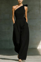 Solid Color Sleeveless One-shoulder Fitted Waist Casual Pocket Loose Wide-leg Jumpsuit
