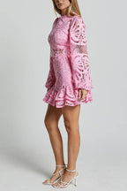 Multi-Color Cutout Lace Puff Sleeve Ruffle Hem Mini Dress