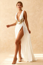 Deep V High Split ALine Train Party Dress