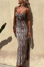 An Inspiration Tie-dye Print Double Shoulder Strap Stretch Maxi Dress