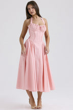 Floral Halter Lace Trim Long Sleeveless Prom Dress