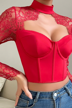 Sexy Slim Plunging Neck Lace Chic Long Sleeve Crop Top