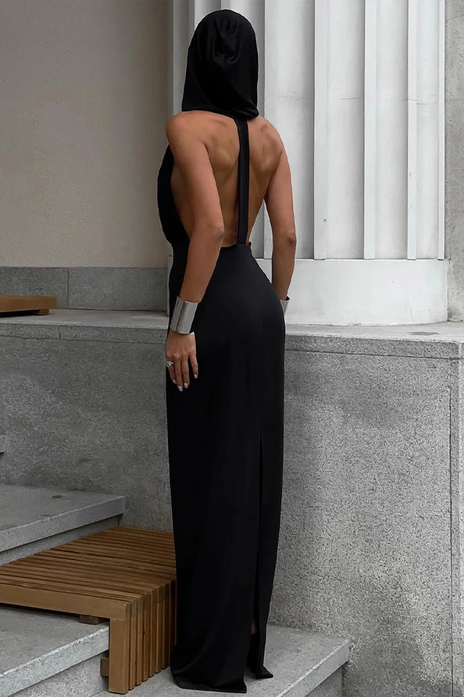 Hooded Backless Sleeveless Deep V Neck Maxi Dress