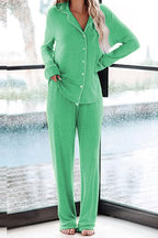 Home-style Loose-fitting Long-sleeved Pocket Shirt and Elastic Waist Casual Pants Set