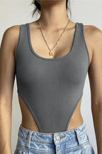 Sexy Slim U Neck High Slit Tank Bodysuit