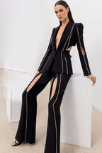 British Ladylike Chic Cutout Rhinestone Tailored Two Piece Set
