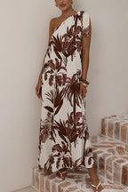 Botanical Print Sleeveless One-shoulder Casual Vacation Maxi Dress