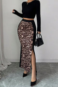Leopard Printed High Waisted Bodycon Split Skirt