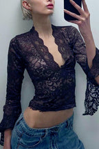Deep V Long Sleeve Lace Trim Crop Top