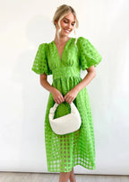 Beautiful square pattern fabric puff sleeve midi