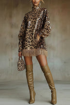 Stylish Leopard Print Sequined Turtleneck Long-sleeved Tassel Hem Loose Mini Dress