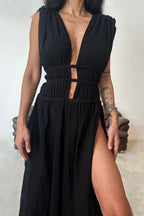 Chic slit braided lace-up cotton and linen dress