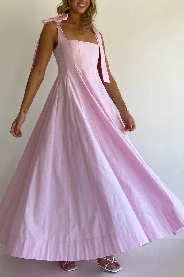 Solid Color Sleeveless Tie-up Suspender Elegant Patchwork Maxi Dress