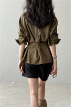 Vintage Waist Cinched Belted Long Sleeve Blouse