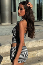Casual Striped Halter Cuff Hem Two Piece Set