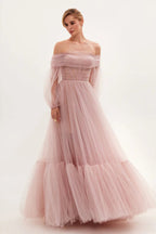 Off Shoulder Mesh Long Sleeve Prom Dress