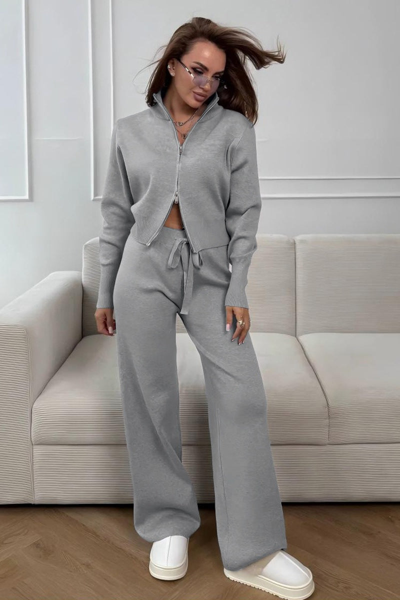 Long Sleeve Zippered Cardigan Knit Set
