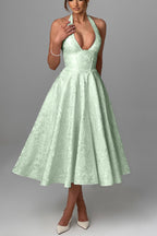 Stylish Jacquard Halter Neck Fitted Waist Open Back Elegant Midi Dress