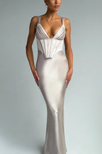 V-Neck Bone Detail Silk Dress
