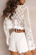 White Hollow Crochet Flare Sleeve Crop Cover Up Top