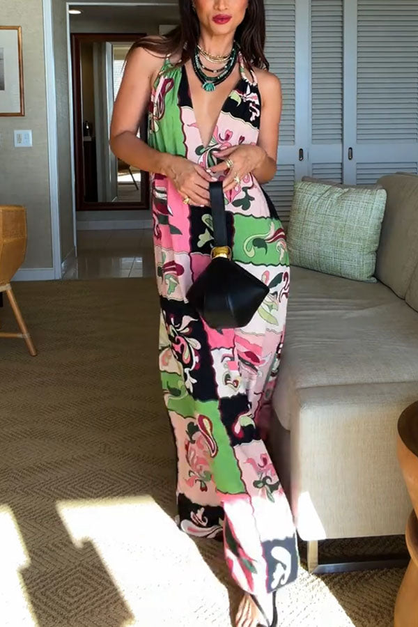 Vacation Night Unique Color-block Print U-shaped Shoulder Strap Maxi Dress