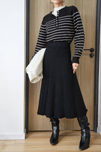 Black Wool-Blend Half-Button Striped Sweater
