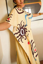 Helia Linen Blend Unique Print Drawstring Waist Kaftan Maxi Dress