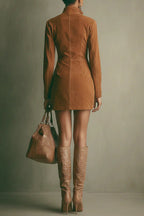 Solid Color Suede Long-sleeved Collared Zippered Casual Pocket Mini Dress