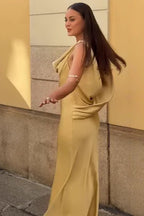 Draped Neck Backless Waist Cinch Elegant Formal Dress