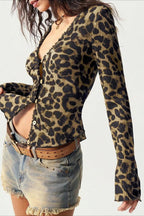 Leopard Print Mesh Button Front Crop Top