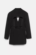 Yulissa Single Button Long Sleeve Fitted Waist Open Back Pocketed Lapel Blazer