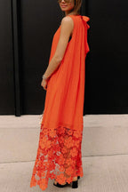 Breezy Comfort Tie-up Neck Sleeveless Floral Lace Hem Maxi Dress