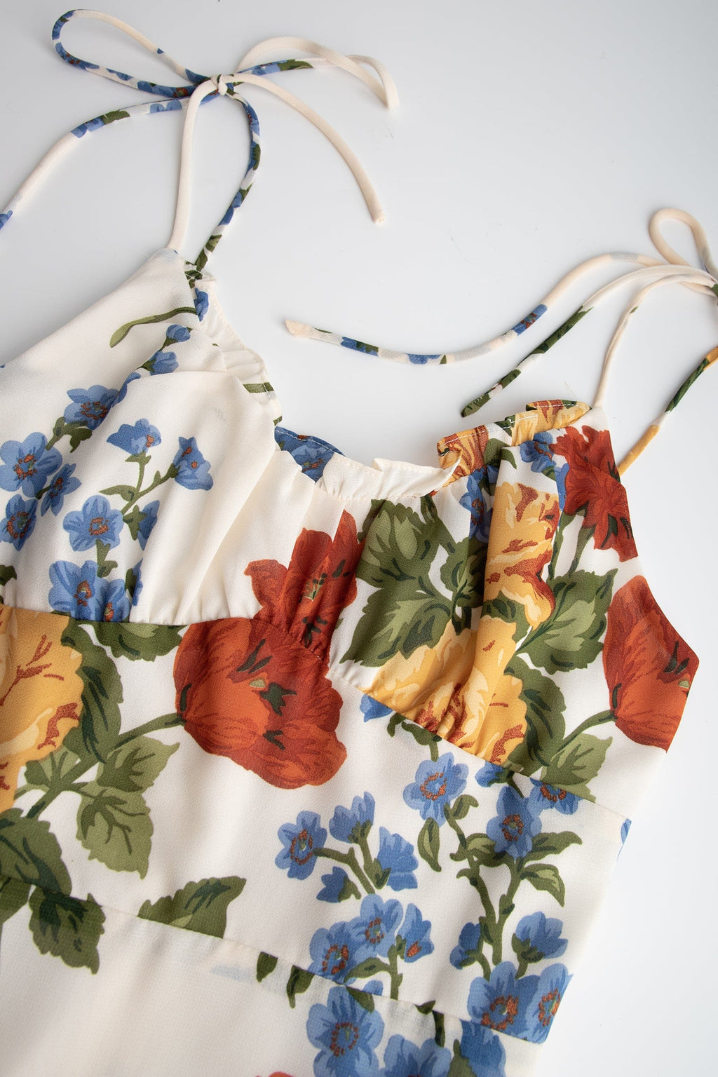 Ivory Floral Print Tie Strap Ruffled Hem Mini Dress