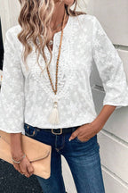 Solid Color Lace Embroidered Floral Loose Casual Top