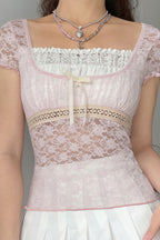 Square Neck Lace Spliced Tie Slim Blouse
