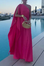 Raspberry Pink One-Shoulder Cape Flowy Maxi Dress