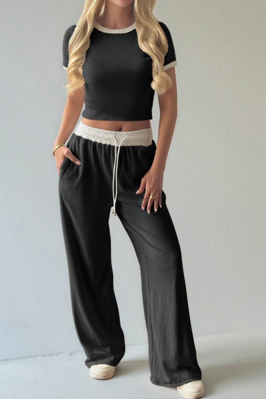 Colorblock Layering Tank Top Wide Leg Pants Set