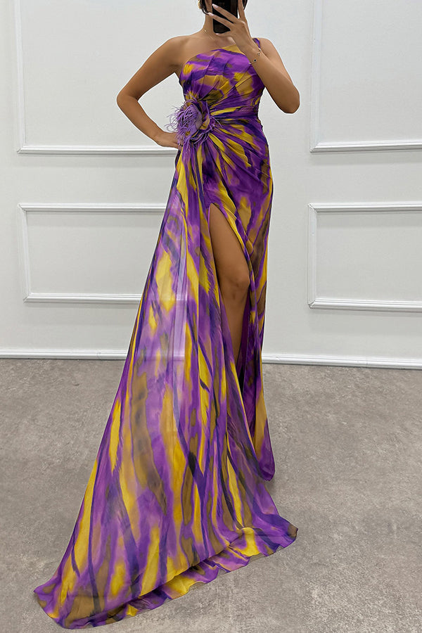 Fairy Watercolor Design Printed Feather Rose Details Off Shoulder Sexy Folded Open Skirt
