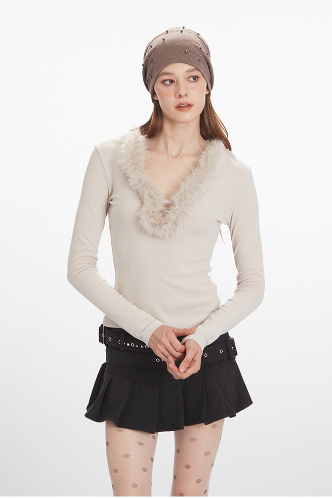 Faux Fur Trim VNeck Knit Top